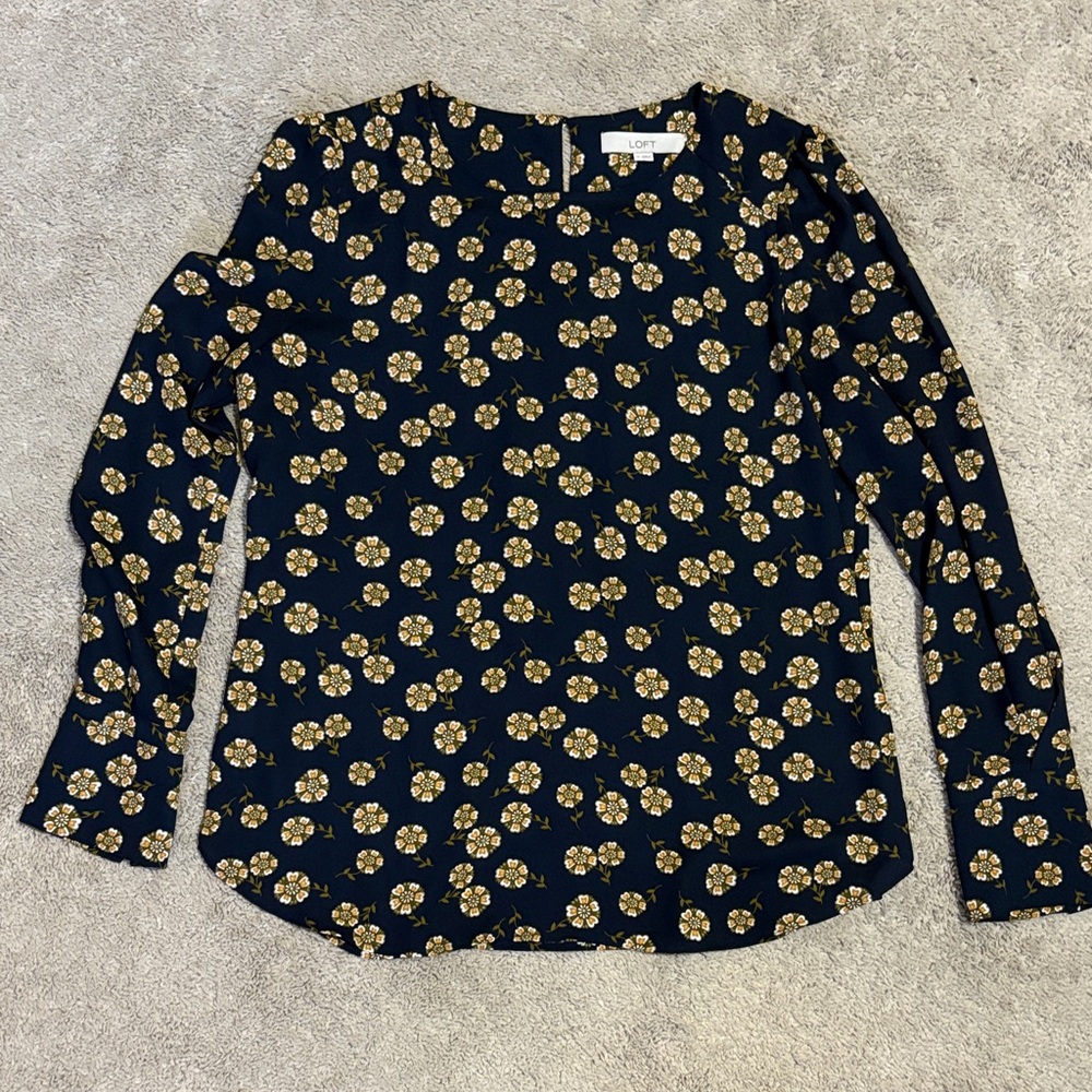 LOFT navy and yellow floral patterned blouse, size Medium
